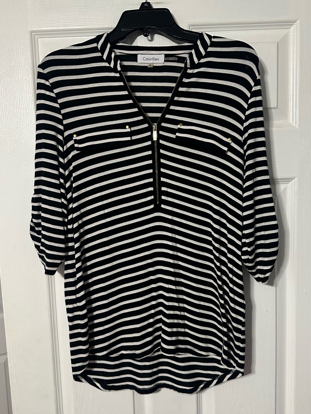 Calvin Klein Striped Half-Zip Roll Tab Sleeve Hi  Lo Blouse